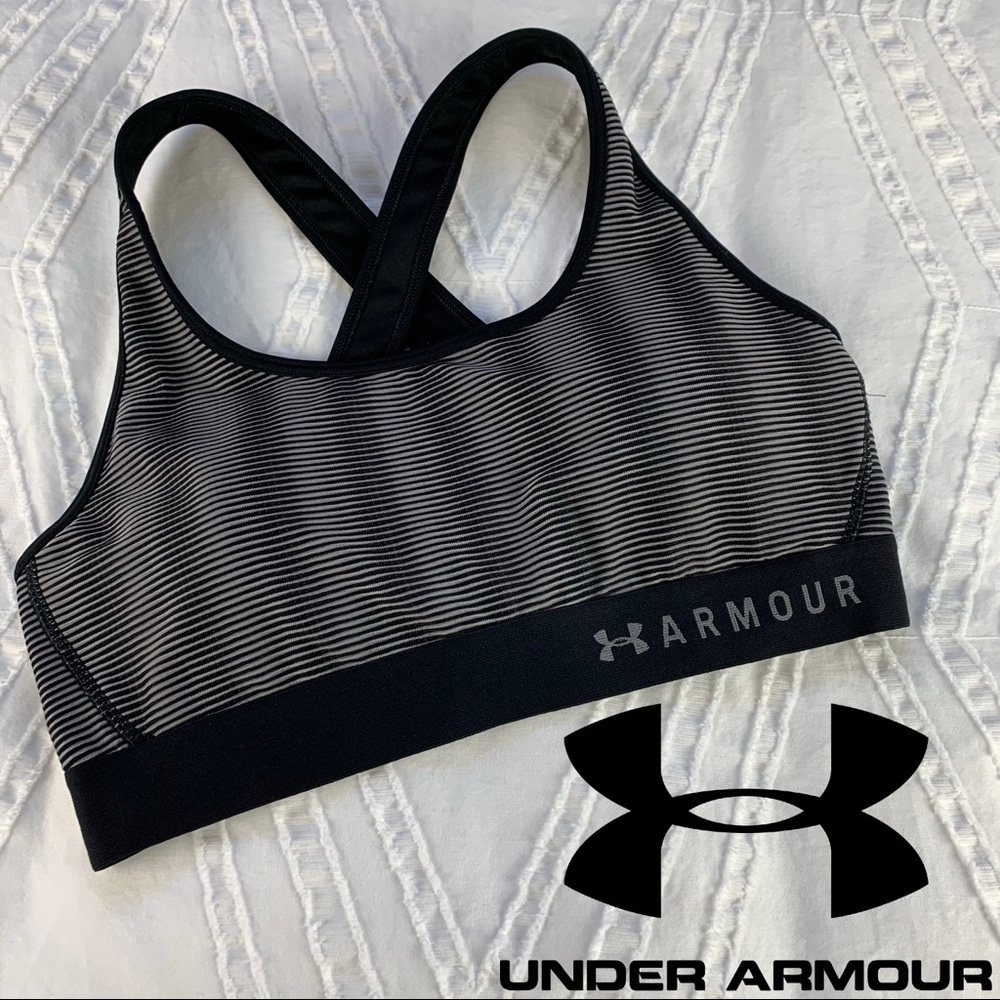 Under Armour Mid Crossback Sports Bra Black White Striped Medium Impact Large